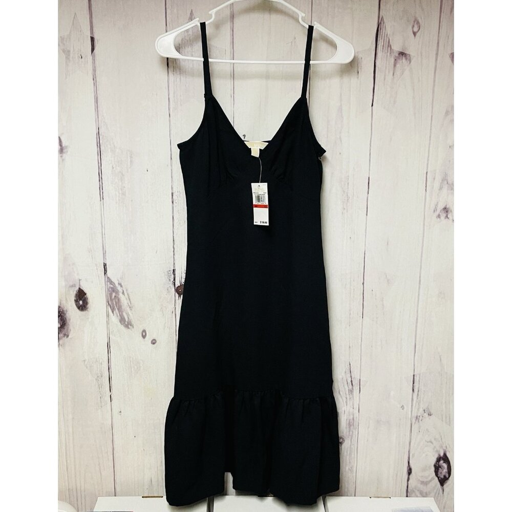 Michael Kors Womens Size XS Black Dress Stretch Poplin Ruffle Hem Midi
